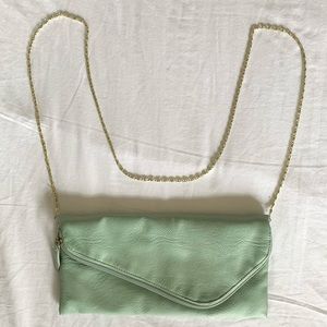 LuLu | Faux Leather Envelope Crossbody Clutch Bag in Mint Green with Gold Chain
